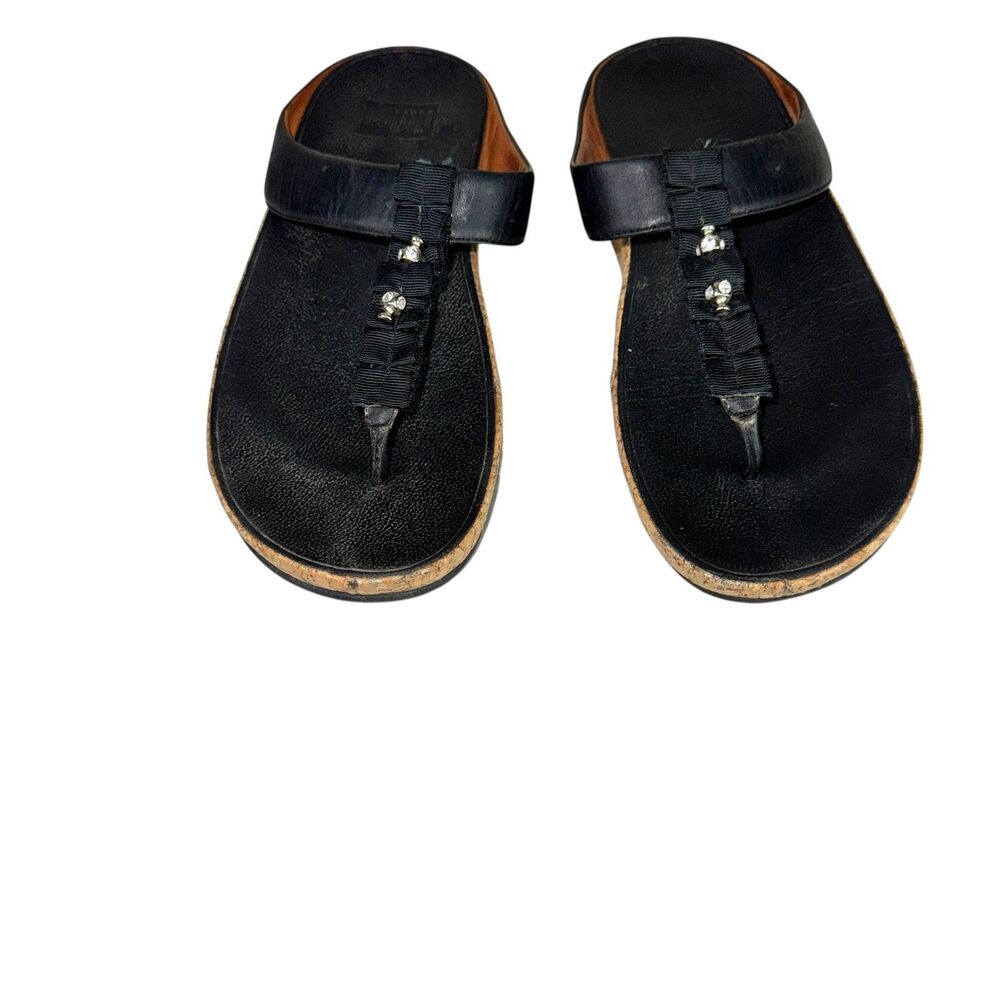 Fitflop Ruffle Jewel Black Thong Cork Wedge Sandals  Womens Size 9